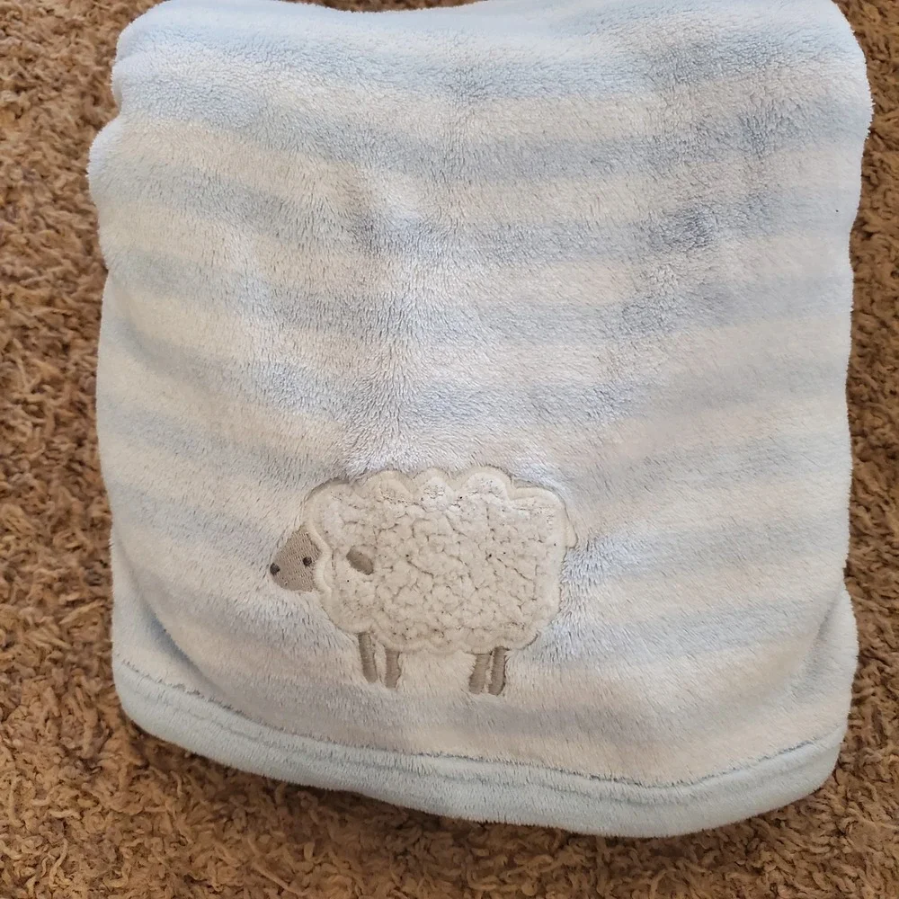 Carters Just‎ One You Blue White Striped Lamb Sheep Plush Baby Blanket